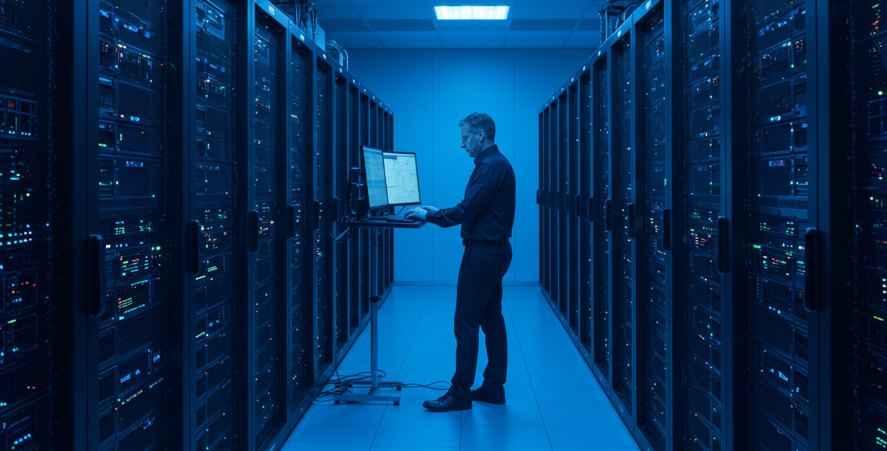 Racks de servidores em ambiente monitorado